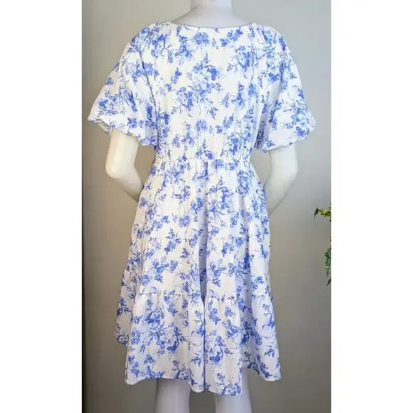 Entro Babydoll Minidress Medium White Blue Floral Ruffle Puff Sleeve Cottagecore - Picture 8 of 11